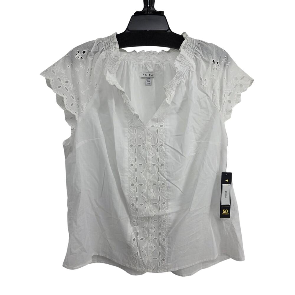 Tribal NEW Cap Sleeve Eyelet Floral Top White Size XL